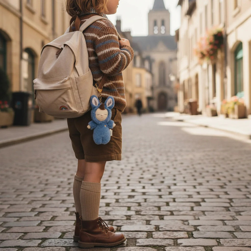 Person walking down a cobblestone street with a backpack and blue plush toy