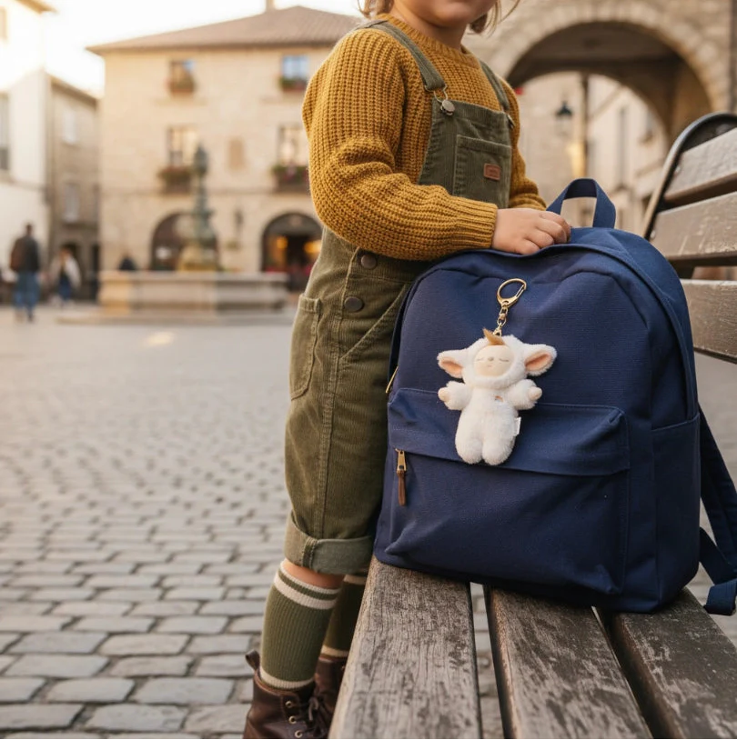 Child with a blue backpack featuring a stuffed animal keychain on a cobblestone street.