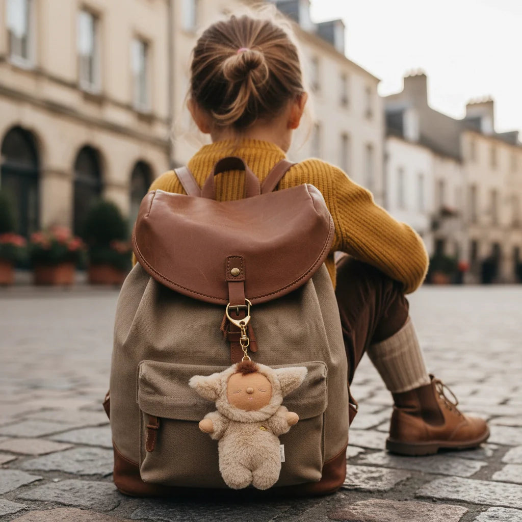Person sitting on a cobblestone street with a large backpack and plush toy, wearing a yellow sweater and brown shoes.