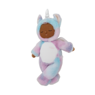 Plush toy of a baby in a unicorn costume on a white background