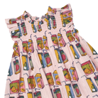 Dress with colorful juice box pattern on a white background