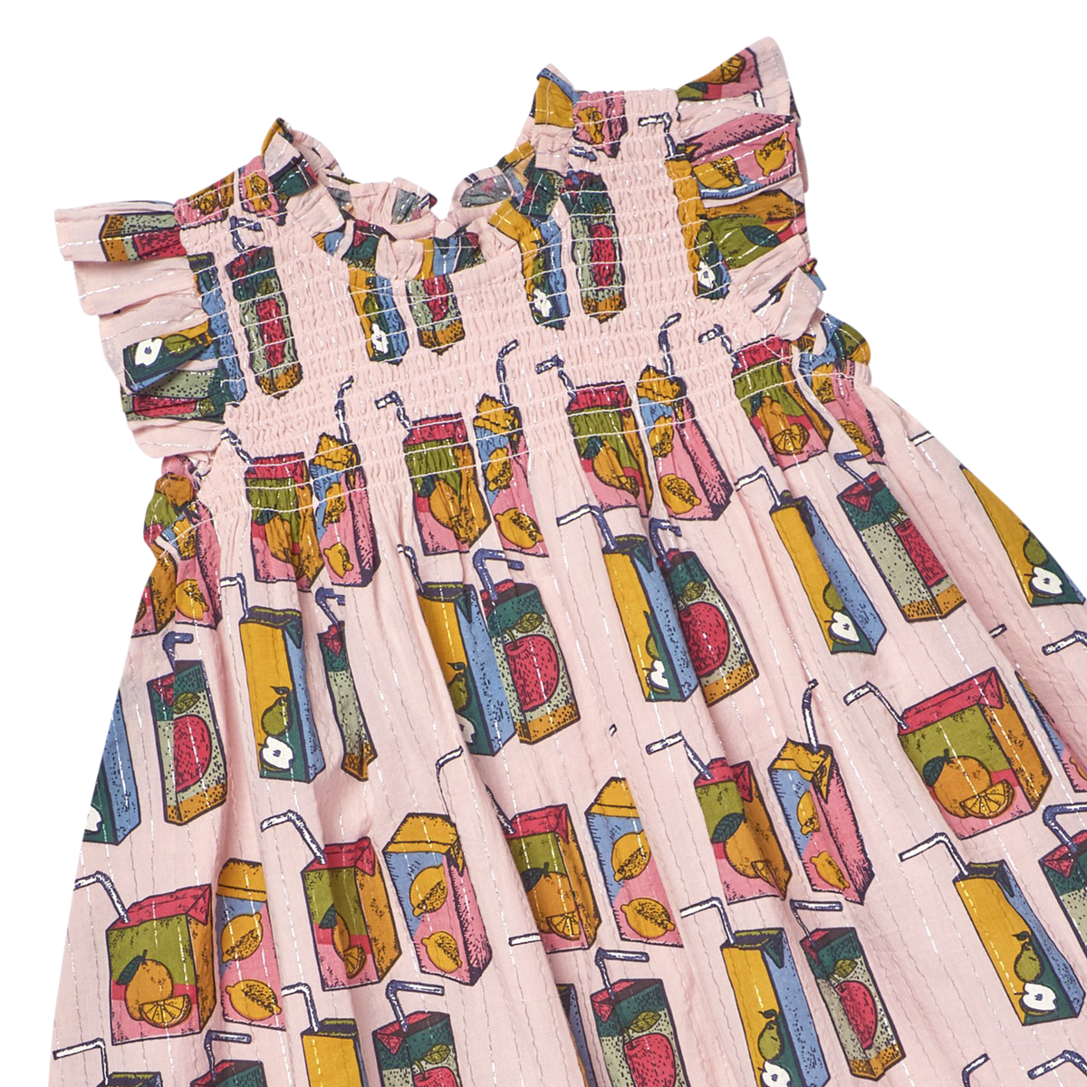 Dress with colorful juice box pattern on a white background