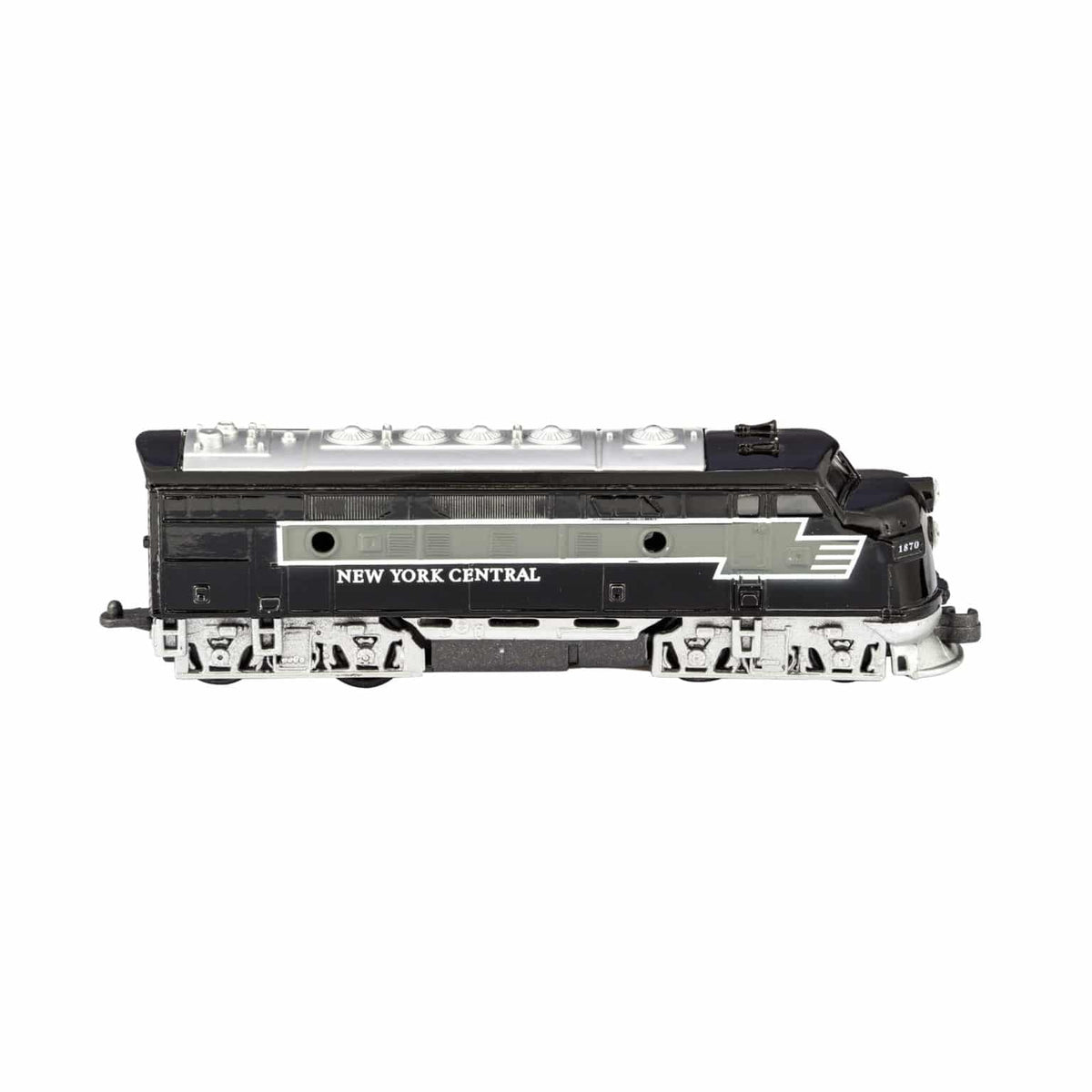 Model train engine with 'New York Central' branding on a white background