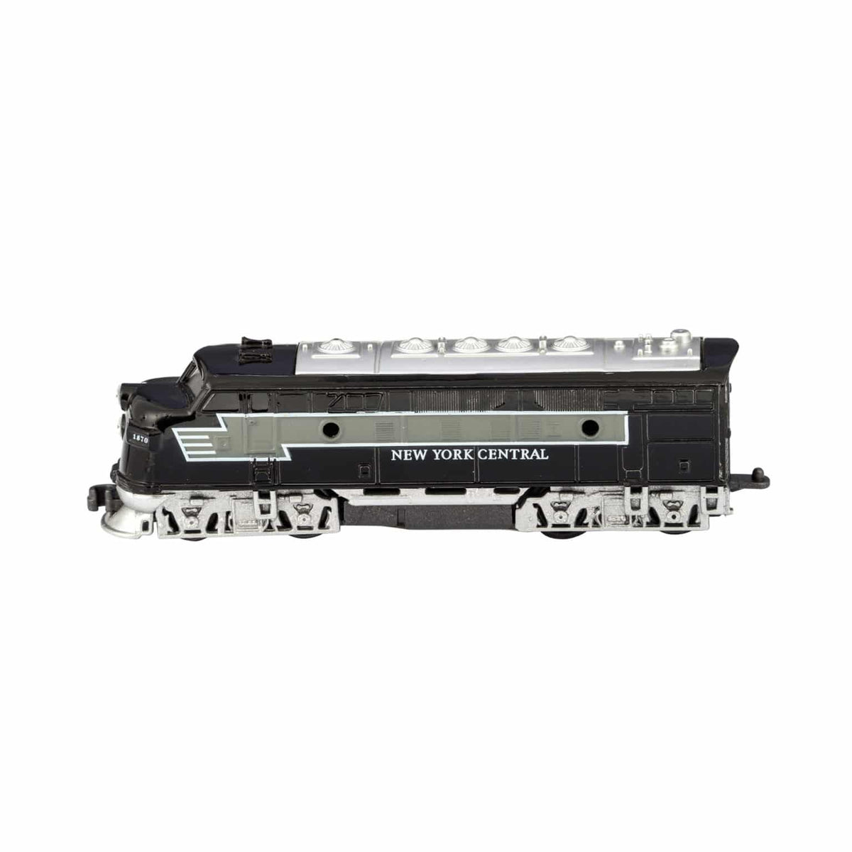 Model train engine with 'New York Central' branding on a white background