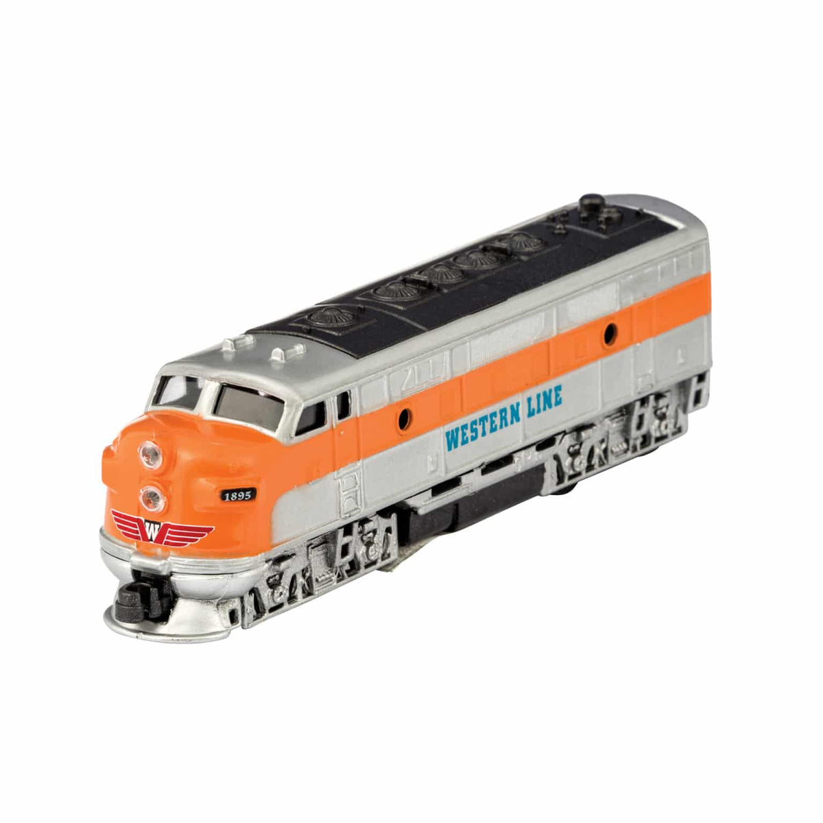 Model train engine with orange and gray design on a white background