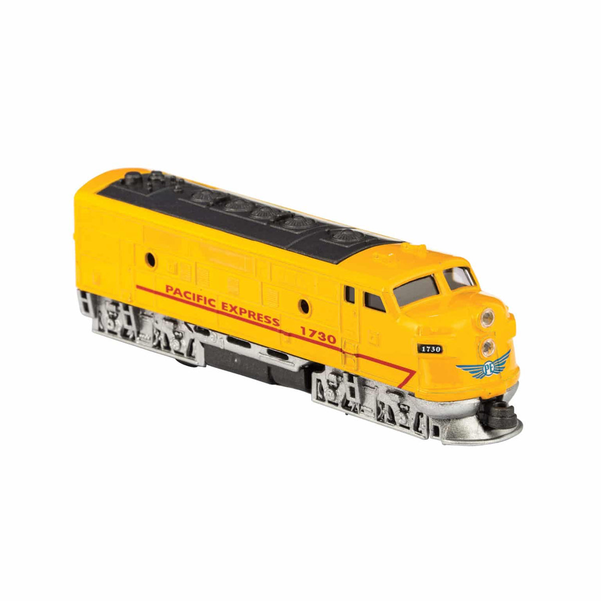 Yellow toy train engine with 'Pacific Express' branding on a white background