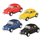 Four miniature Volkswagen Beetle toy cars in red, yellow, blue, and black, arranged on a plain white background.