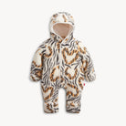 A baby one-piece fleece snowsuit with a tiger print pattern in brown, black, and cream, featuring a hood and front zipper.