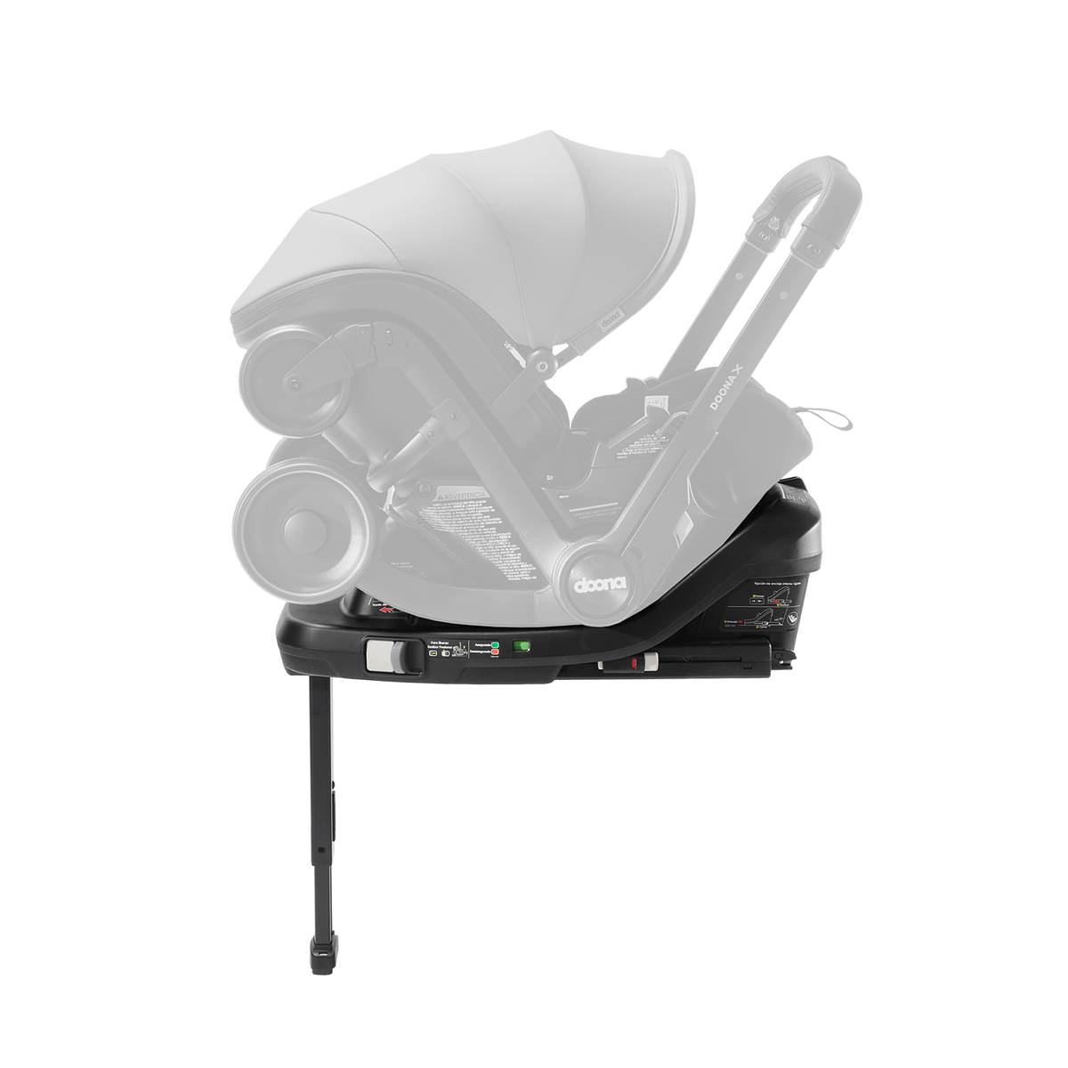 A black infant car seat base with a semi-transparent white overlay showing compatibility with a stroller and car seat setup, isolated on a white background.
