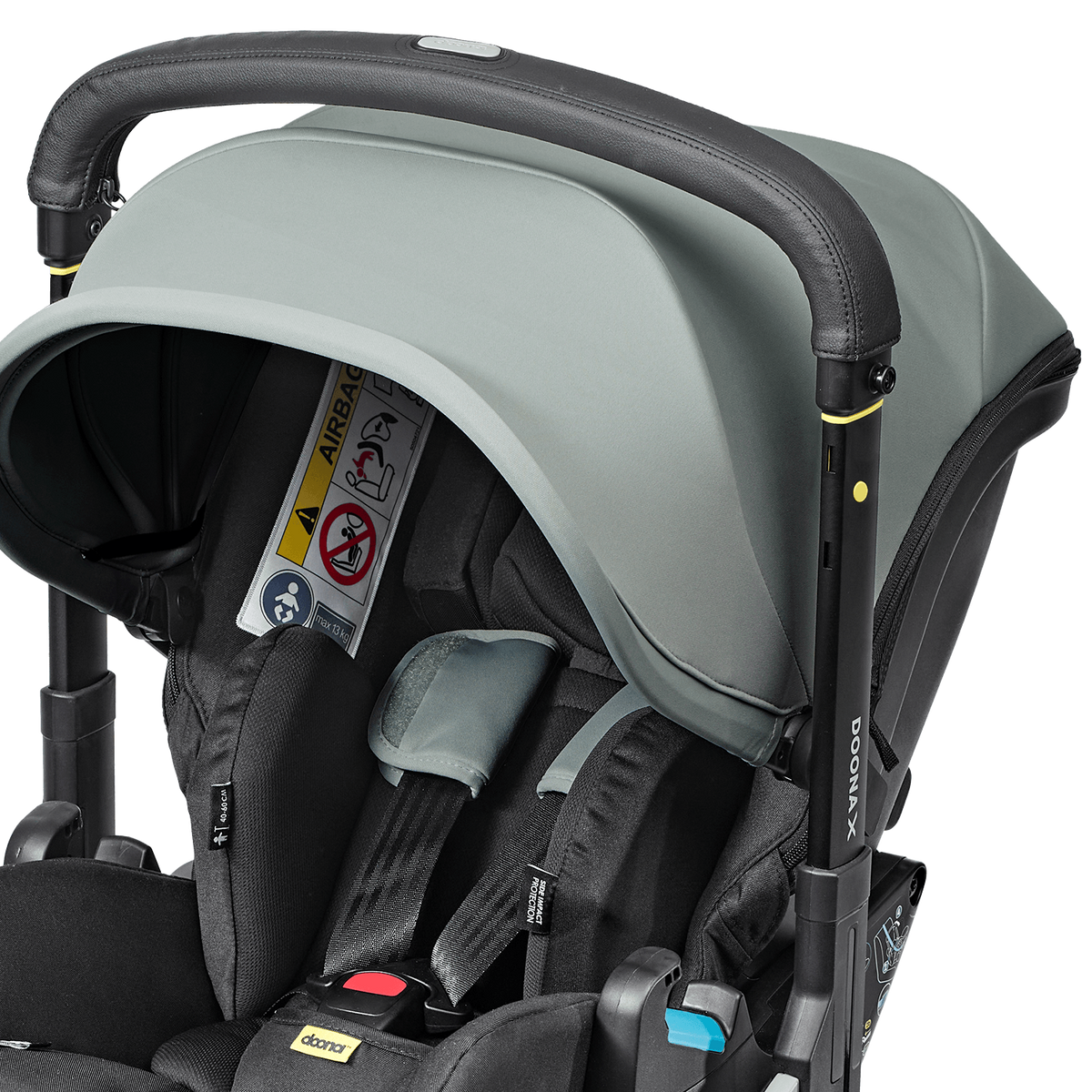 Gray and black baby car seat with visible branding on a white background