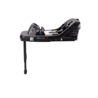 A black infant car seat base with an attached leg support, shown from a side profile view on a solid white background.