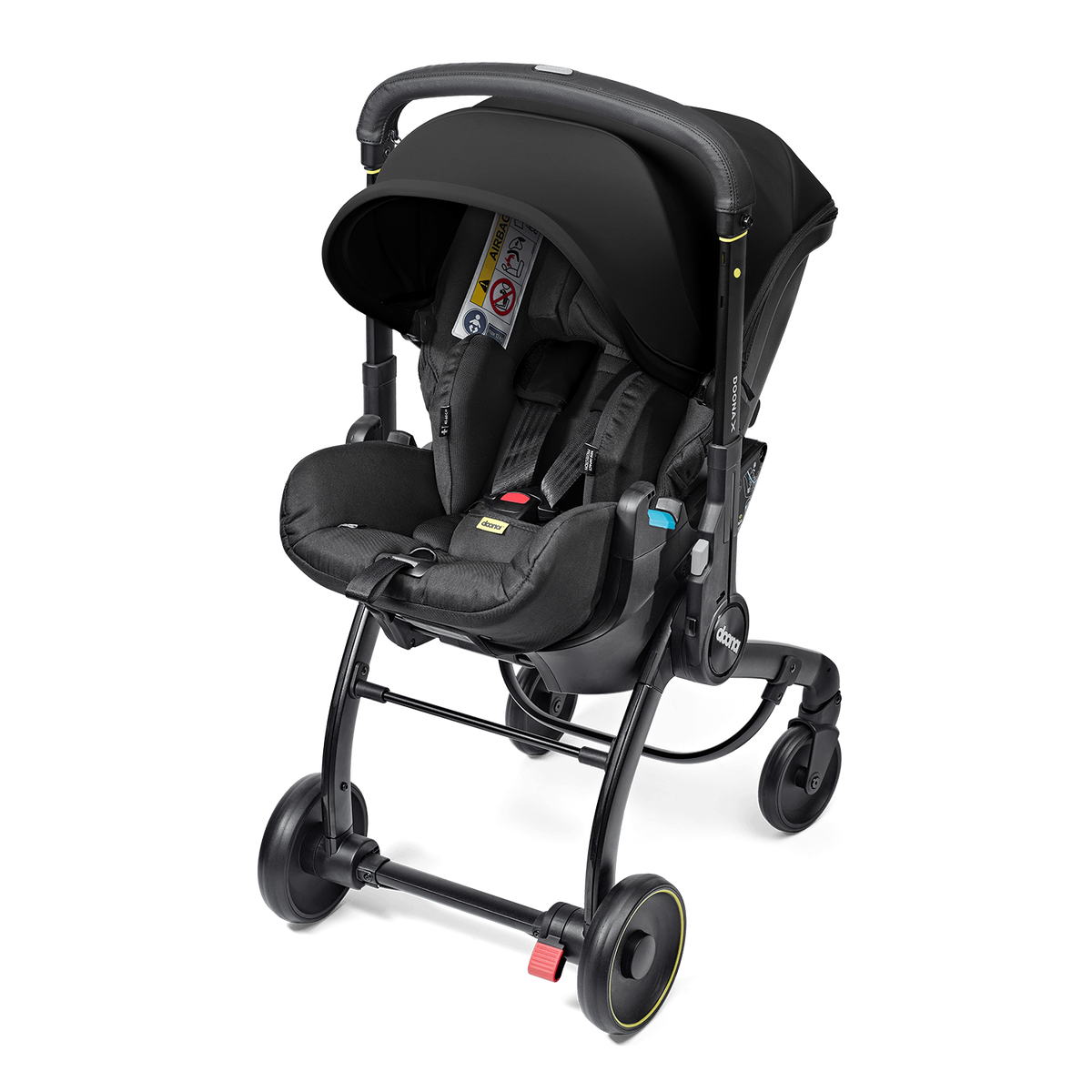 Black baby stroller with canopy on a white background