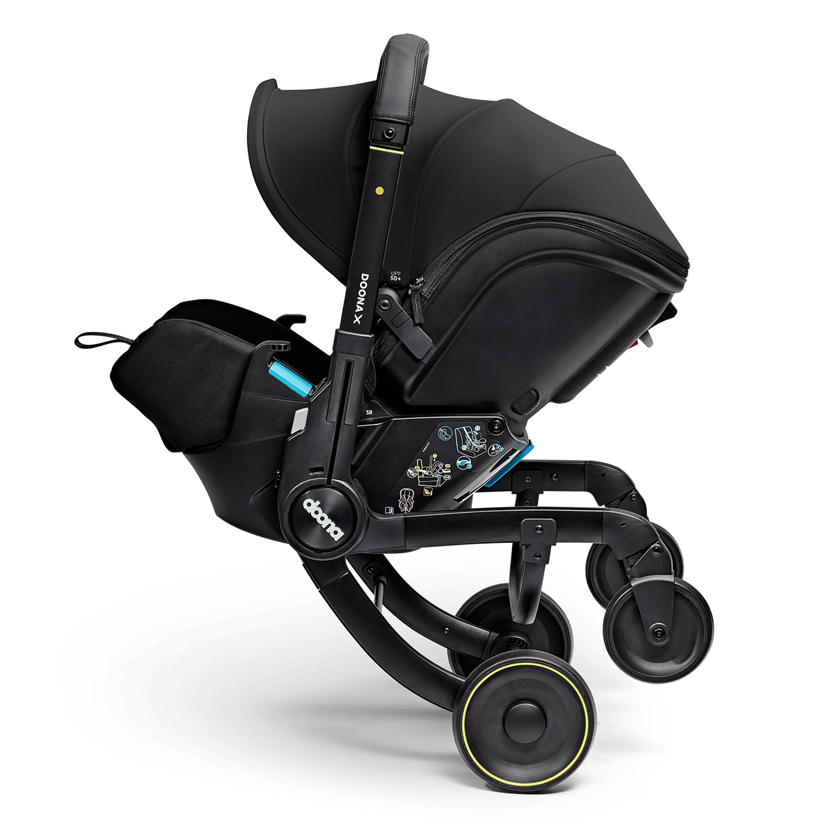 Black stroller with canopy on a white background