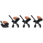 Four views of a baby stroller system with an attached infant car seat and tan seat liner, shown on a plain white background.