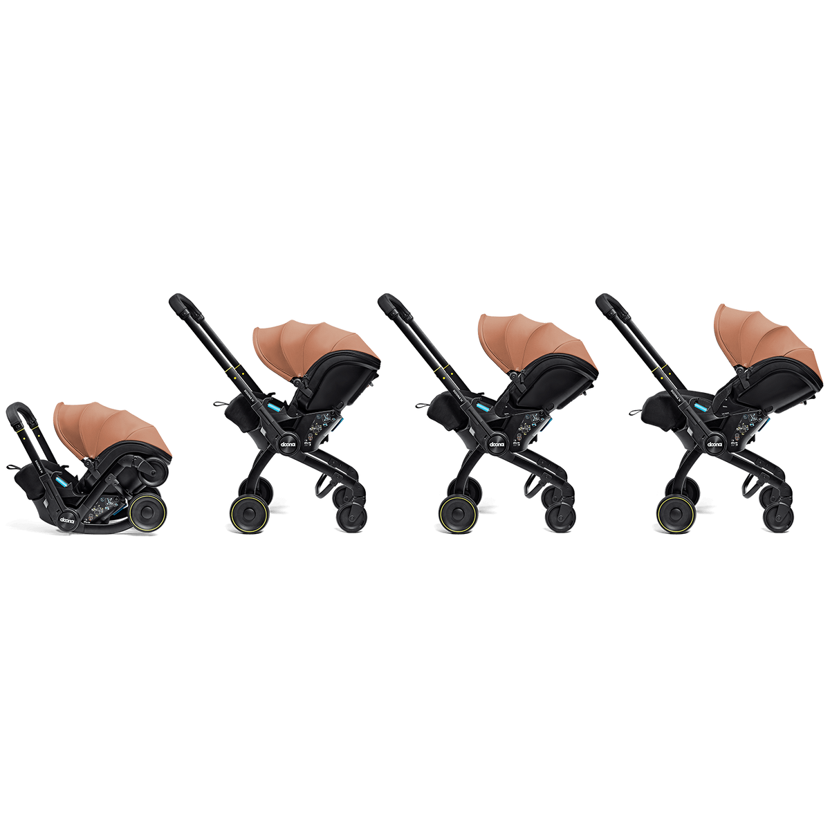 Four views of a baby stroller system with an attached infant car seat and tan seat liner, shown on a plain white background.