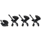 Four views of a black stroller and infant car seat travel system set against a solid white background, showing the stroller base, infant car seat, and stroller configurations.