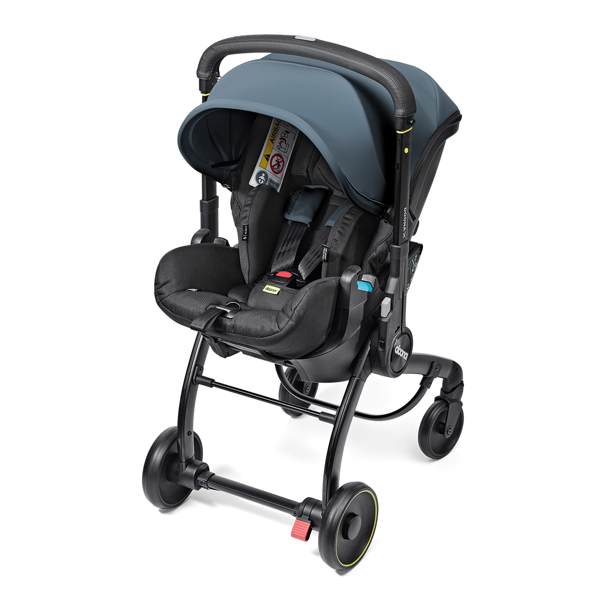 Black and gray stroller with a baby seat on a white background