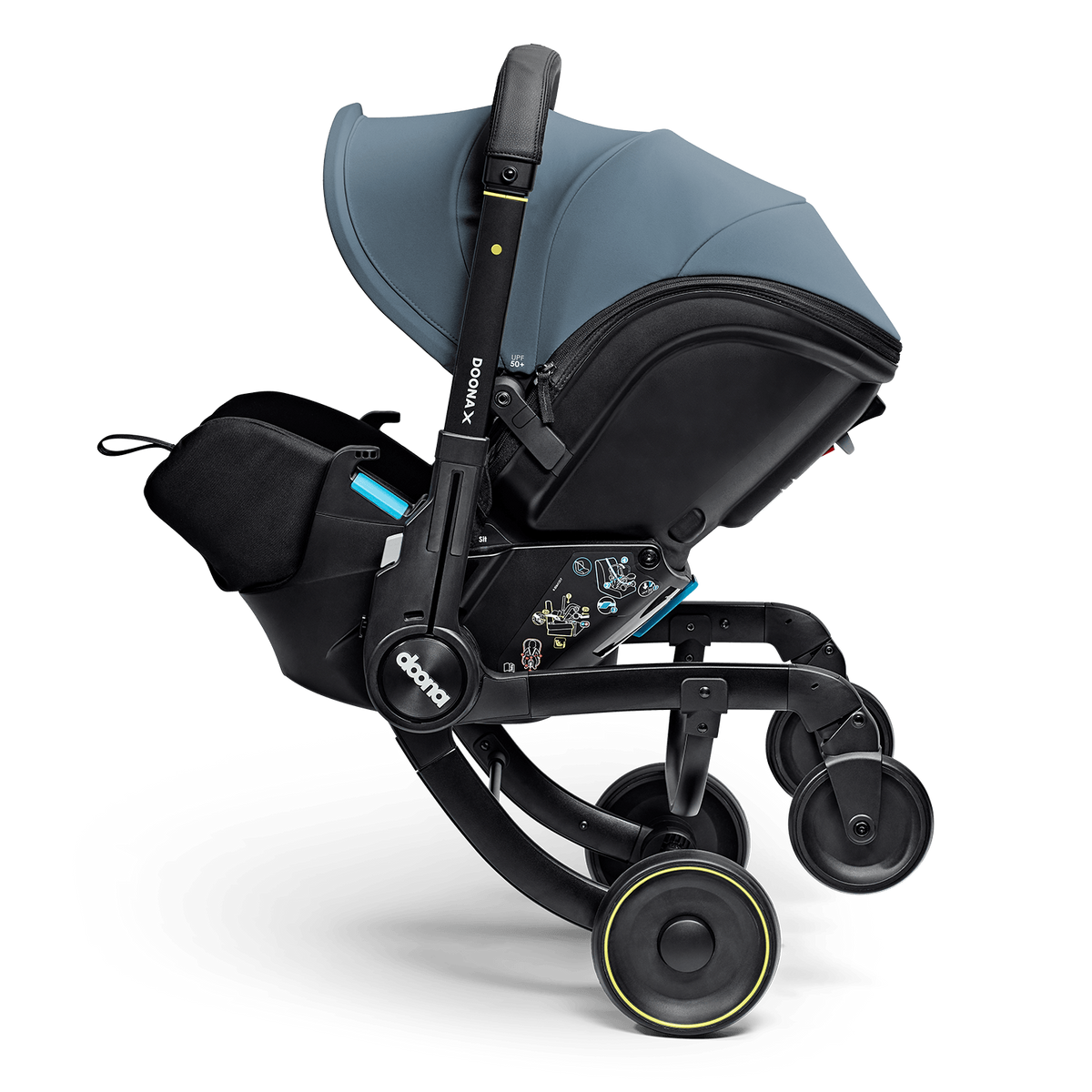 Black and gray stroller with a baby seat on a white background