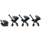 Four views of a baby stroller with a car seat attachment on a white background