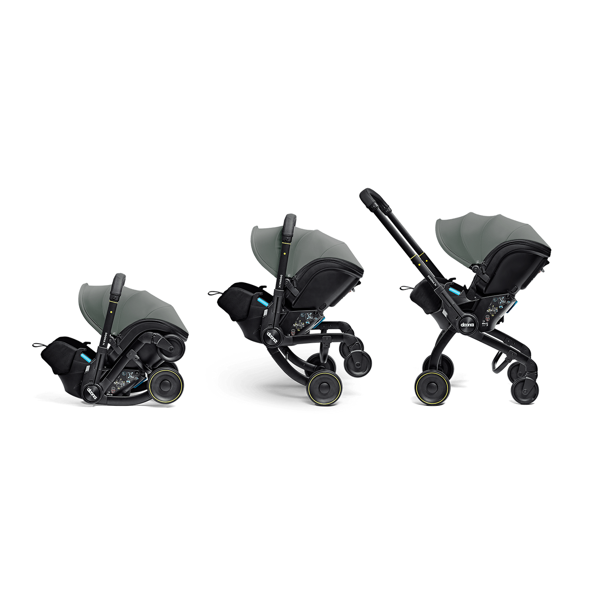 Three views of a baby stroller and car seat travel system in dark gray and black, shown on a plain white background.