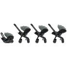 Four views of a stroller system with an infant car seat attachment, shown in side profile on a plain white background. The stroller frame is black, with a dark gray canopy and seat liner, and small teal accents visible near the seat attachment.