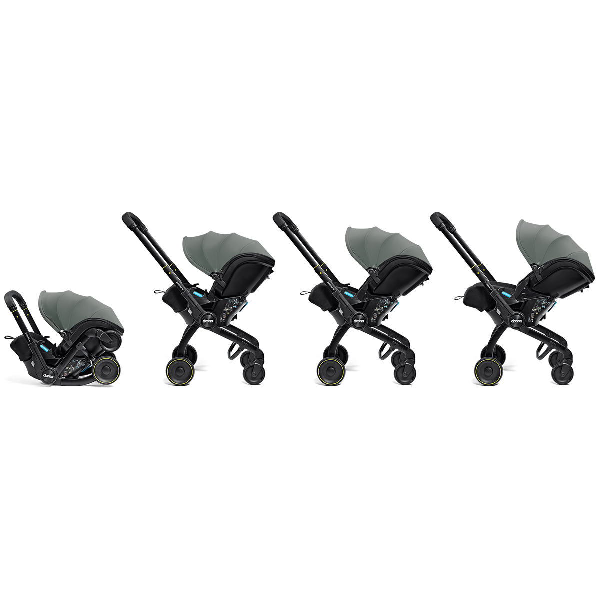 Four views of a stroller system with an infant car seat attachment, shown in side profile on a plain white background. The stroller frame is black, with a dark gray canopy and seat liner, and small teal accents visible near the seat attachment.