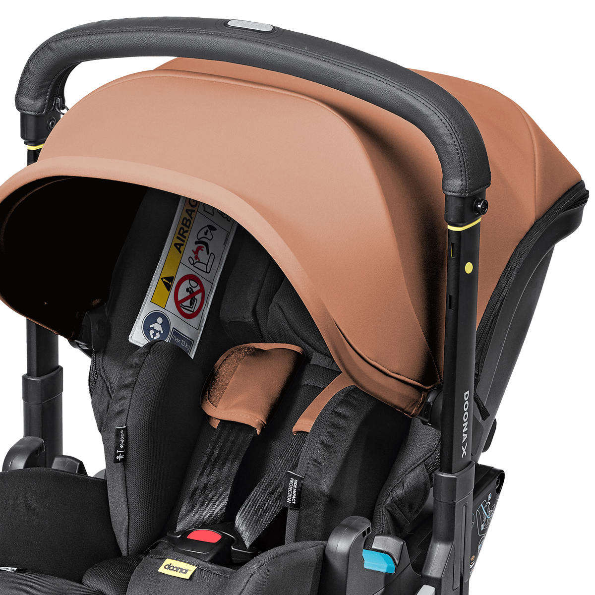 Brown and black baby car seat with canopy on a white background