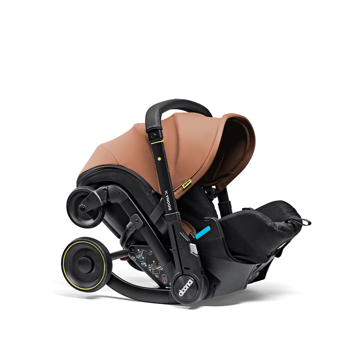 Brown and black baby car seat with canopy on a white background