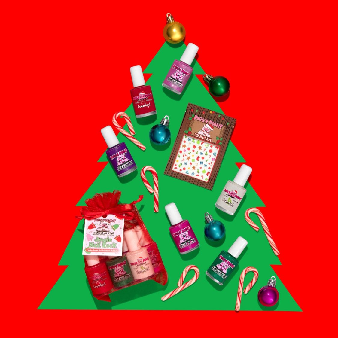 Collection of nail polish bottles and related items arranged on a green surface with a red background, resembling a Christmas tree.