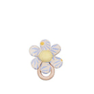 Flower-shaped teething ring with blue petals and a yellow center on a white background