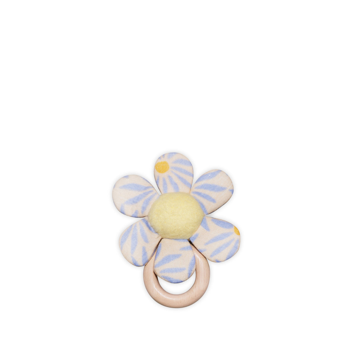 Flower-shaped teething ring with blue petals and a yellow center on a white background
