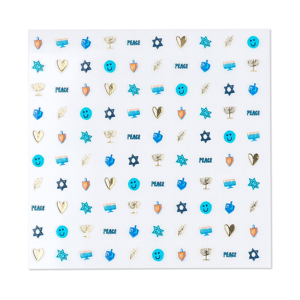 Sheet of stickers with various symbols including stars, dreidels, and hearts on a white background.