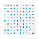 Sheet of stickers with various symbols including stars, dreidels, and hearts on a white background.