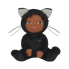 Plush toy of a child in a black cat costume with a rainbow emblem on a white background
