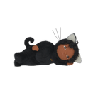 Plush toy of a cat in a black outfit with white accents on a white background
