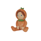Plush toy in a pumpkin costume on a white background