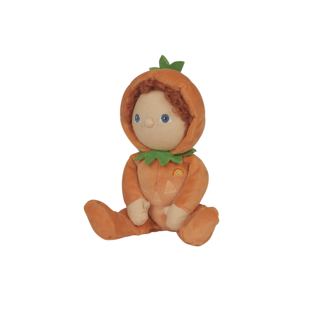 Plush toy in a pumpkin costume on a white background