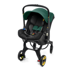 Green and black baby car seat with stroller on a white background