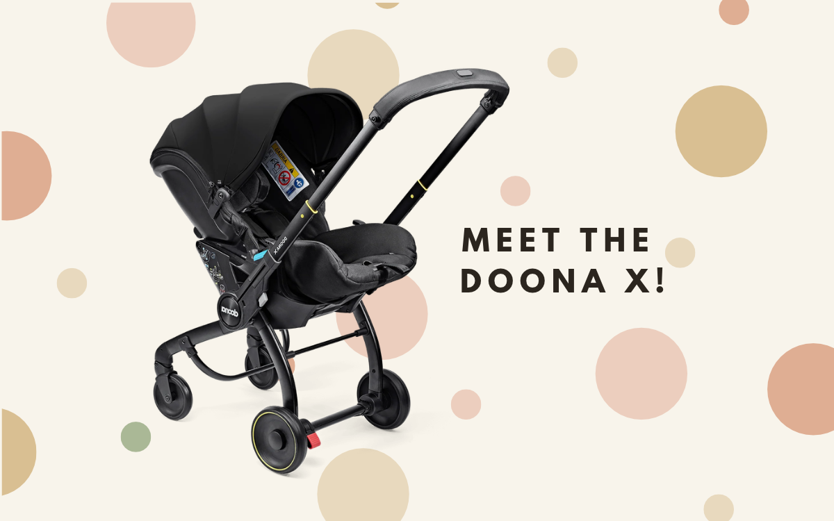 black Doona X on a beige background with pastel polka dots with text "Meet the Doona X"