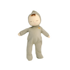 Stuffed toy baby in a beige outfit with a hood on a white background