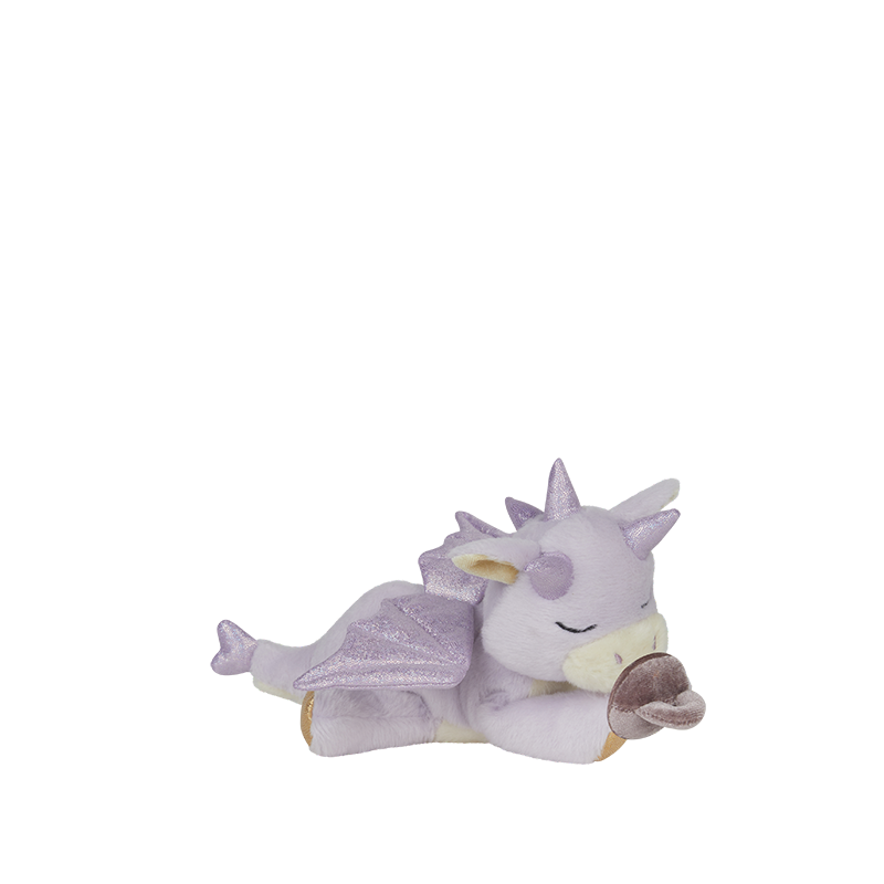 Plush dragon toy with purple wings and a white body on a white background