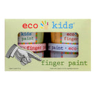 Set of eco kids finger paint containers with colorful lids on a white background in packaging box