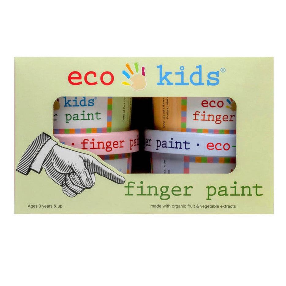 Set of eco kids finger paint containers with colorful lids on a white background in packaging box