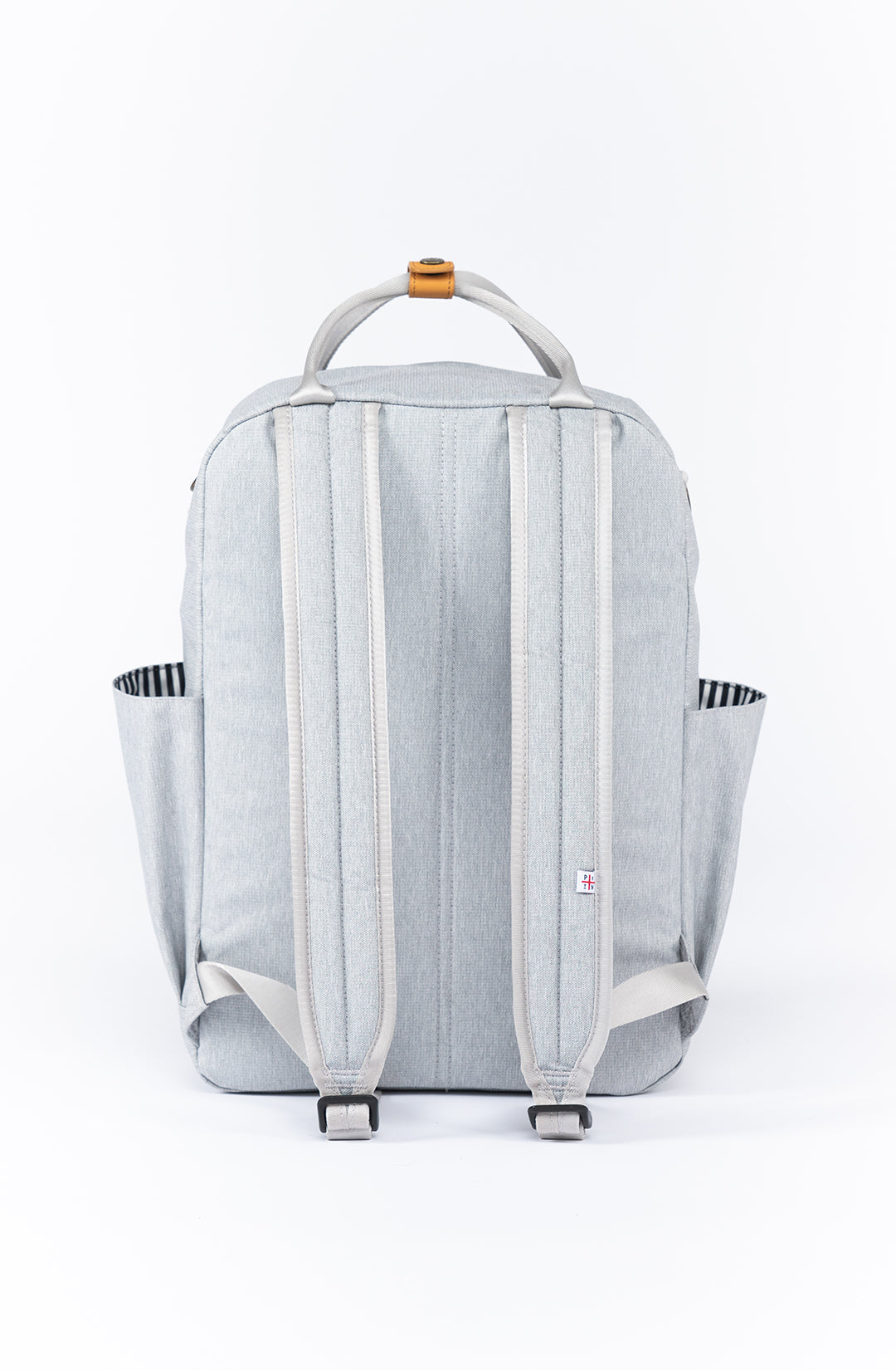 Gray backpack with multiple pockets on a white background