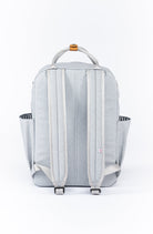 Gray backpack with multiple pockets on a white background
