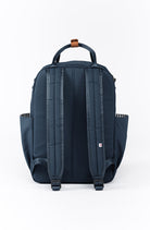 Navy blue backpack with multiple compartments on a white background