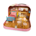 Dollhouse with furniture inside a pink and white checkered case