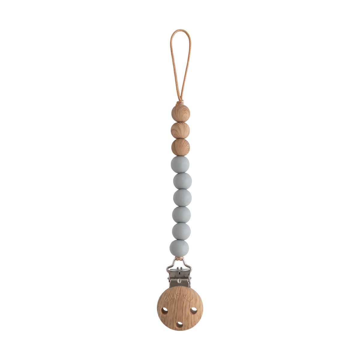 Beaded pacifier clip with wooden ends on a white background