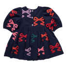 Navy blue dress with colorful bow patterns on a transparent background