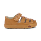 Tan children's sandal with a small logo on a white background